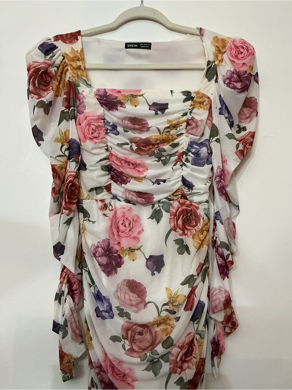 SHEIN White Multi Floral Ruched Square-Neck Blouse